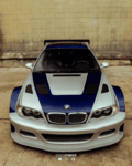 A customized blue and silver BMW M3 GTR