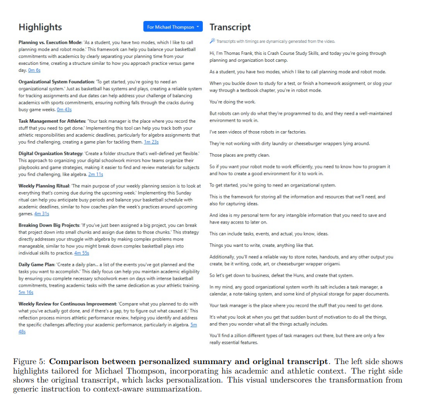 Comparision of Original Transcript and a Personalized Summary.