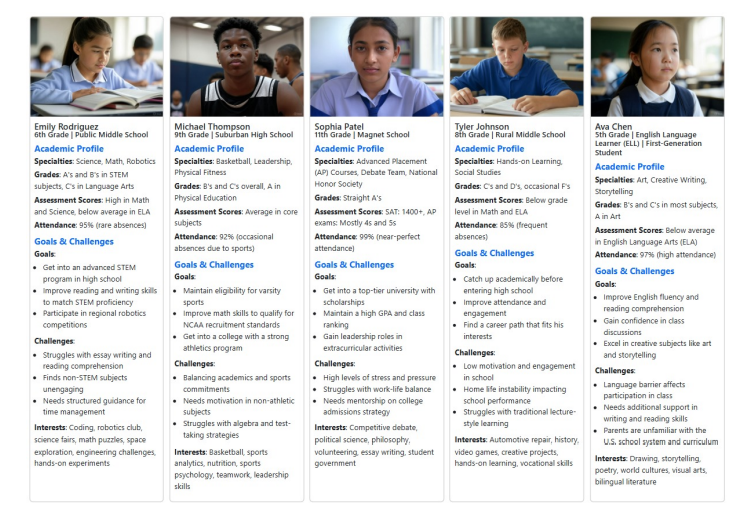A grid of five diverse student profiles used as project personas.